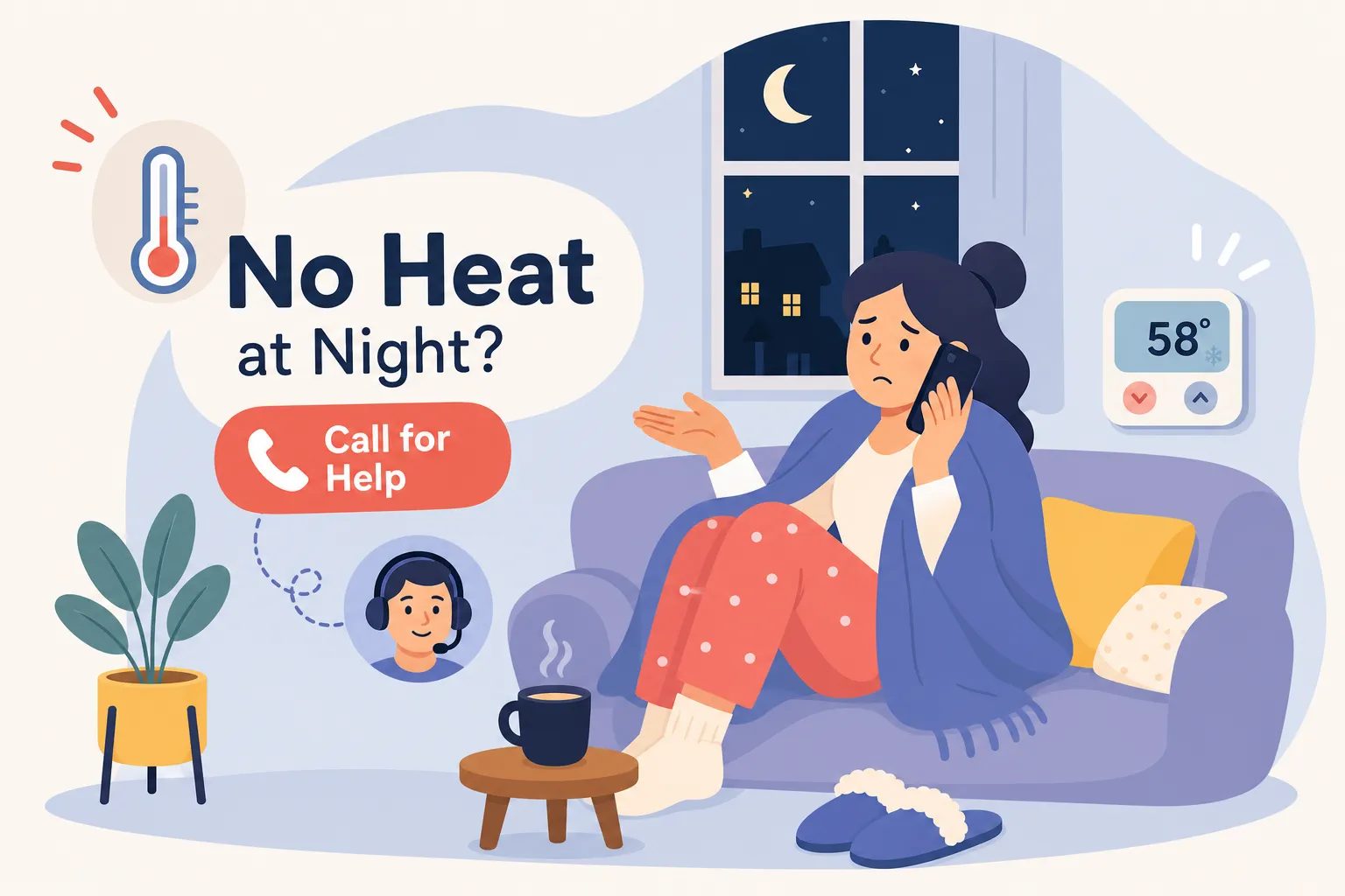 Woman in a blanket on a couch at night calling for help while the thermostat reads 58 degrees